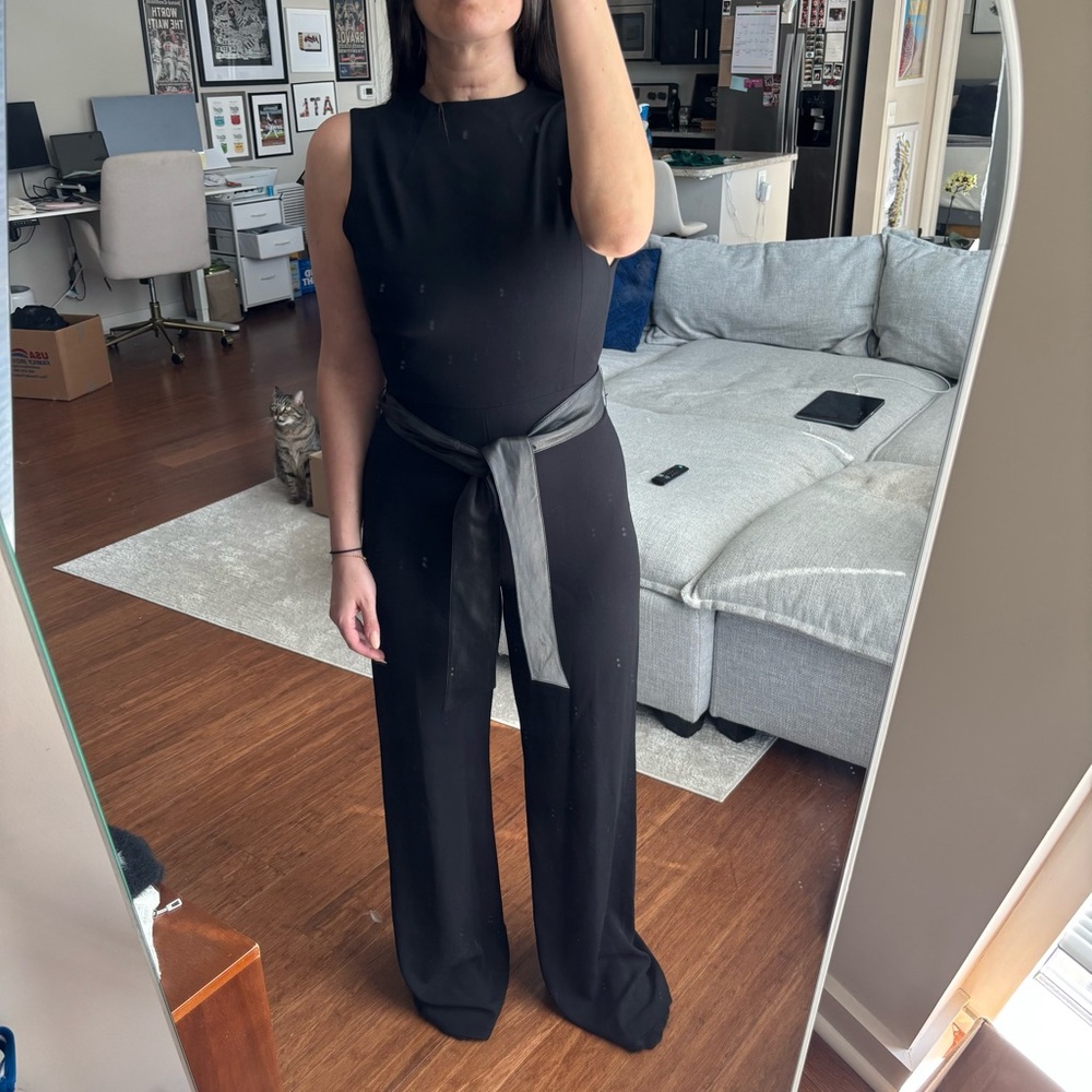 Alice + Olivia | High Neck Black Jumpsuit with Faux Leather Belt (Black)